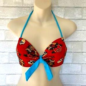 Hot Topic Rockabilly Halter Bikini Top, Red & Blue Tattoo Print, Large